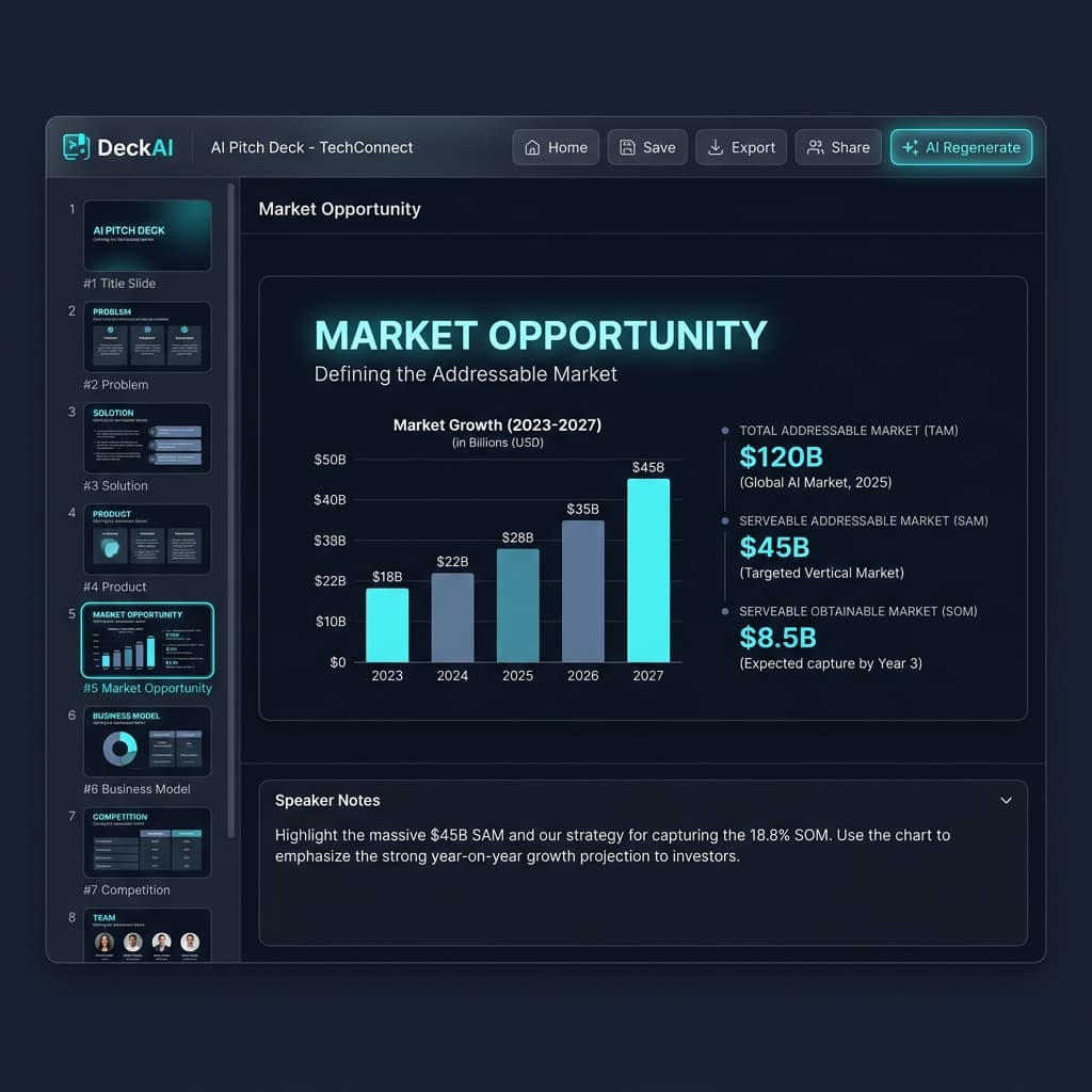 Prismdeck slide editor showing an AI-generated pitch deck with Market Opportunity slide, slide panel, and editing toolbar